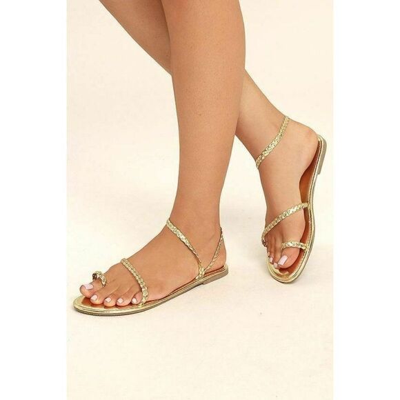 Lulu's Sandals Mirela Gold Flat‎ Vegan Sandals - Picture 1 of 3